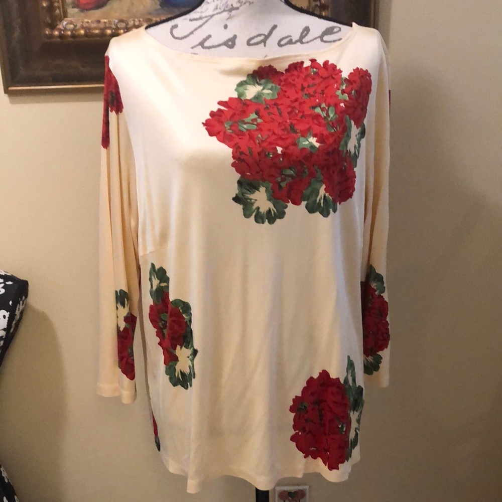 🌺 RARE Anne Klein Vintage Silk wide neck stretchy long sleeve floral top